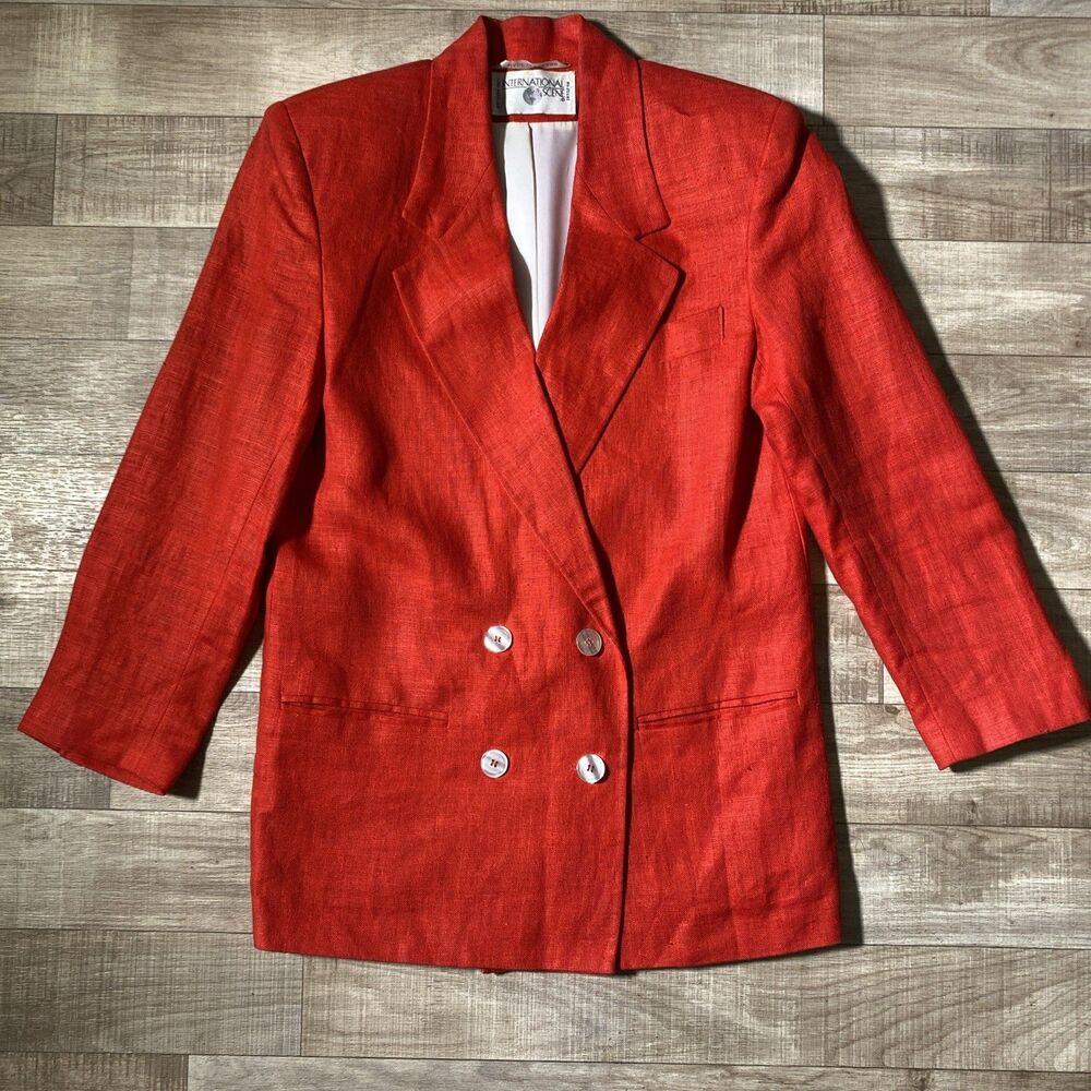 80s Vintage International Scene Red Linen Blazer Lined Double-Breasted Work